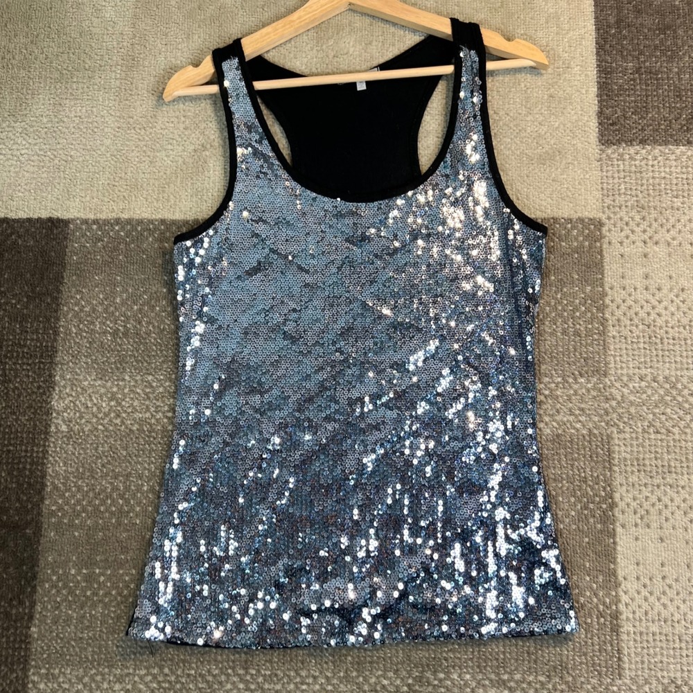 Y2K Charlotte Russe Silver Sequin Racerback Tank Top Black Trim Medium USA